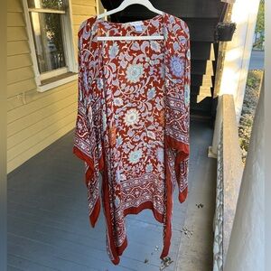 Free People magic dance border print Kimono Shawl Duster OS Orange Blue Floral